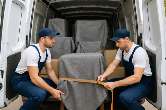 Beiladung Duisburg – Helfer sichert Ladung im Transporter